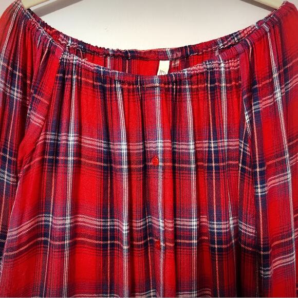 Elan Women's Plaid Flannel Top Size Small Off-Shoulder 3/4 Ruffle Sleeve - Picture 2 of 6